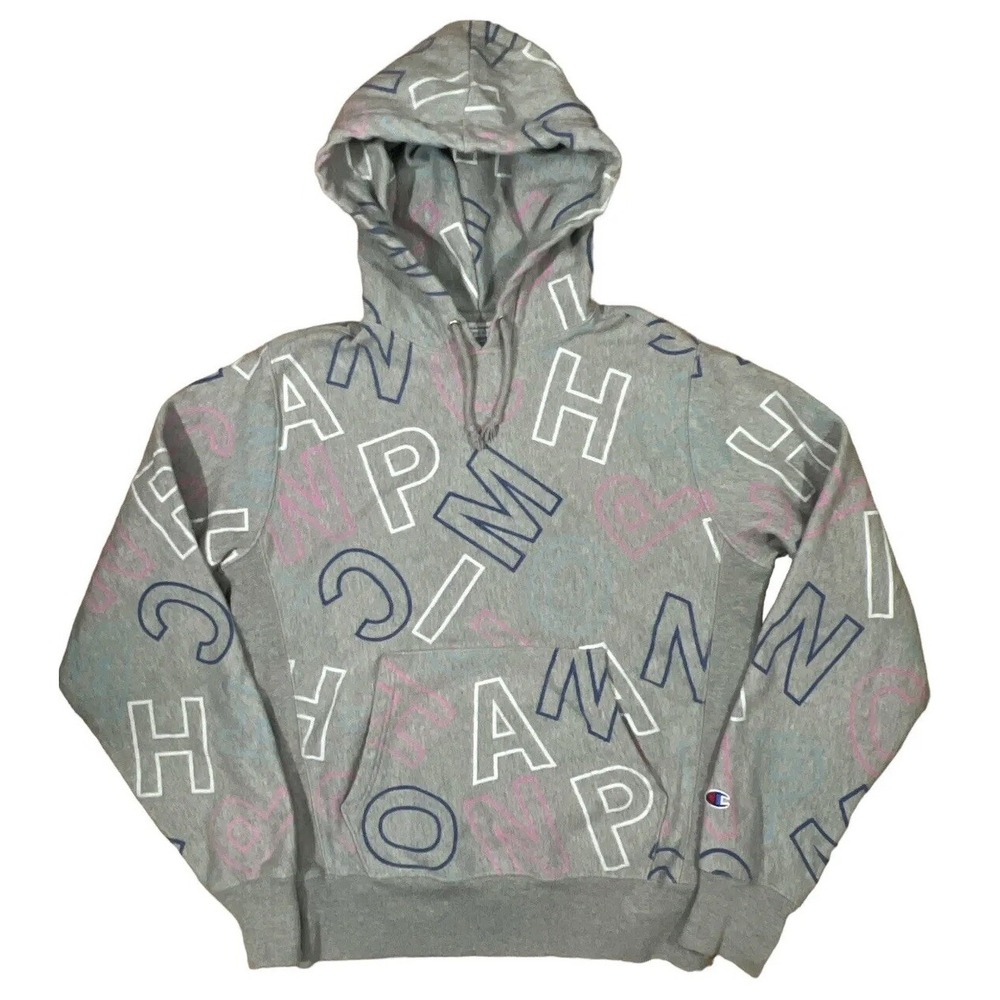 CHAMPION REVERSE WEAVE ALL OVER SCRIPT LOGO HOODIE PULLOVER GRAY MENS M